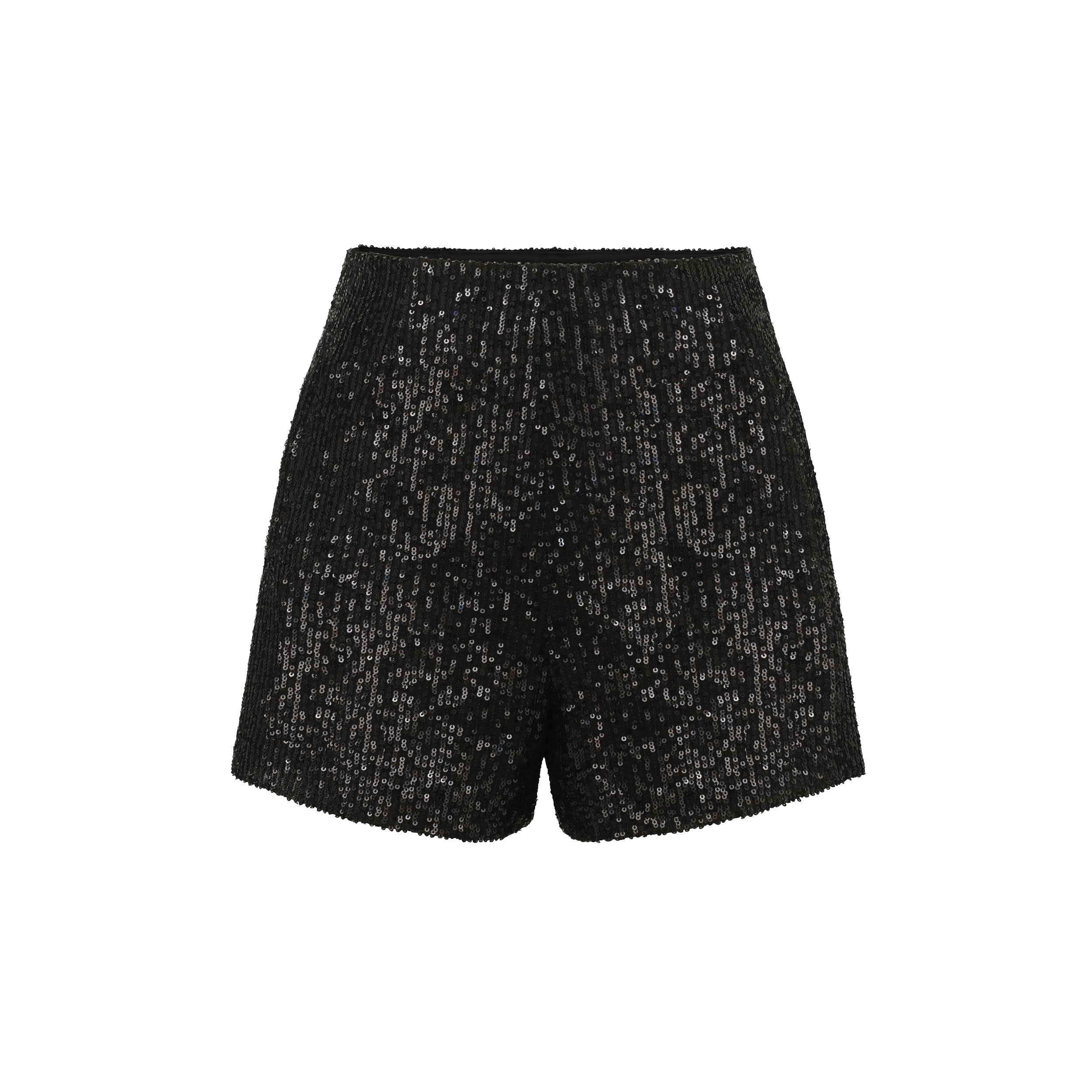 Product view of black shorts with lustrous sequin embroidery