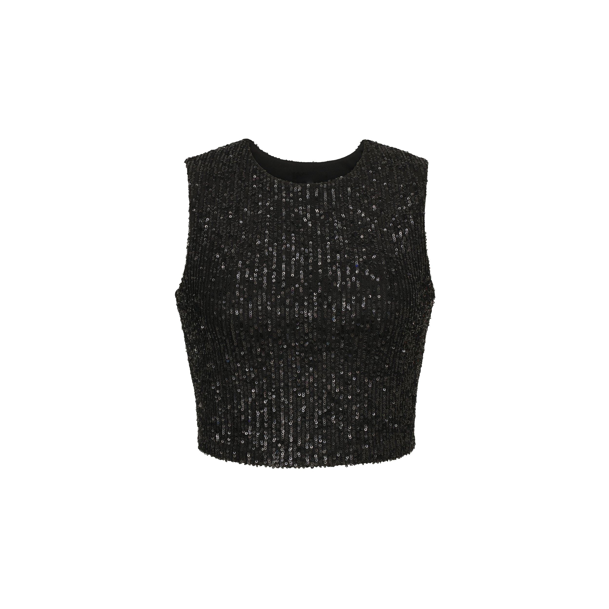 Product view of cropped black top with lustrous sequin embroidery