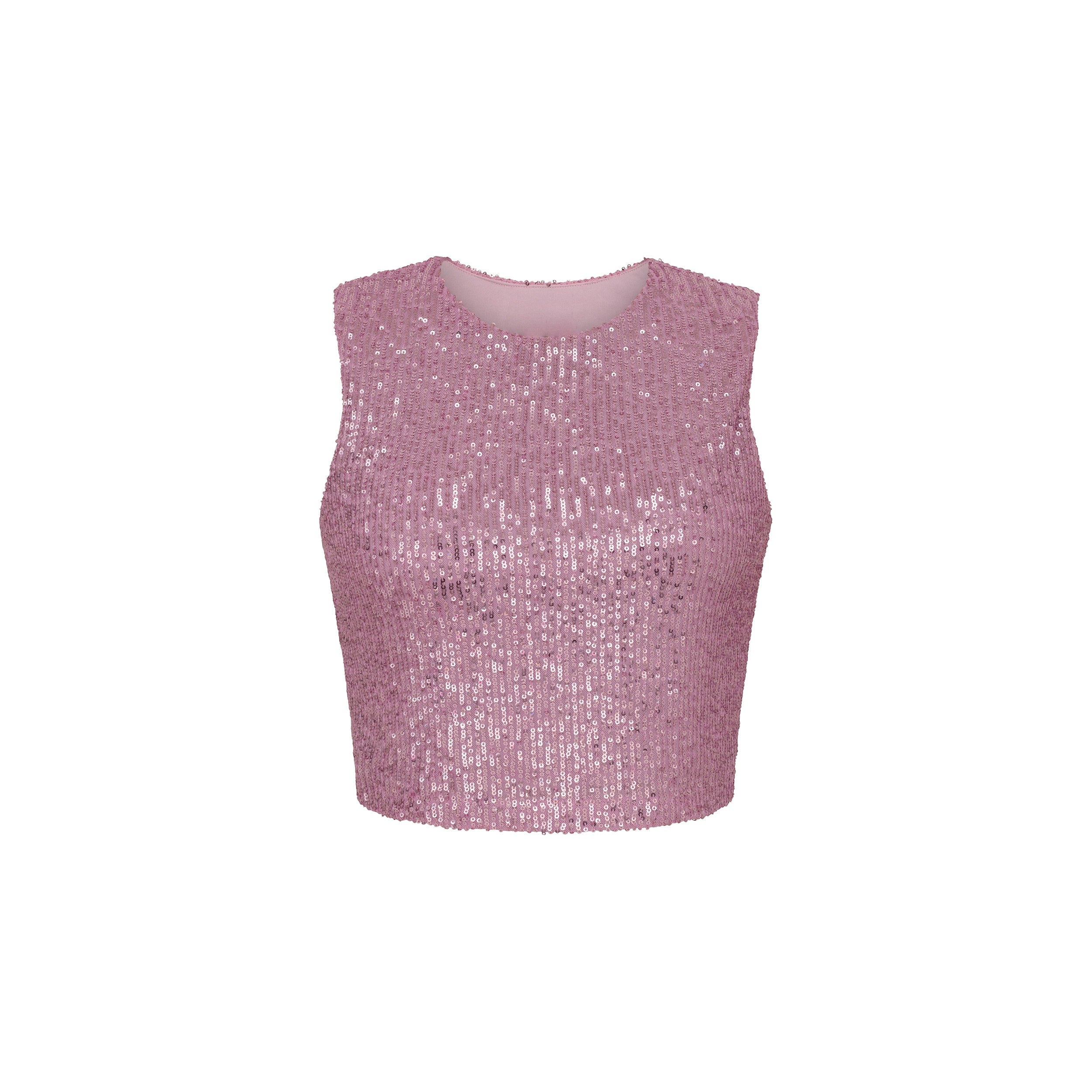 Product view of cropped pink top with lustrous sequin embroidery