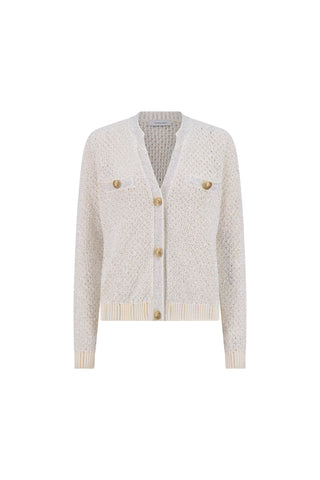 The Shannon Sequin Cardigan Top - Pearl is a light beige, textured open knit top with long sleeves, a V-neckline, two chest pockets with gold dome buttons, and gold button closures down the front.