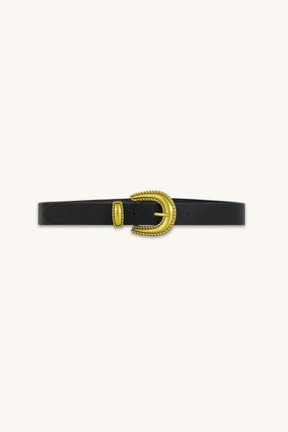 Shelly Belt in Black, black belt with gold cowboy buckle, The Noli Shop