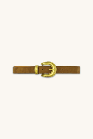Shelly Belt in Cognac, cognac suede belt with gold cowboy buckle, The Noli Shop