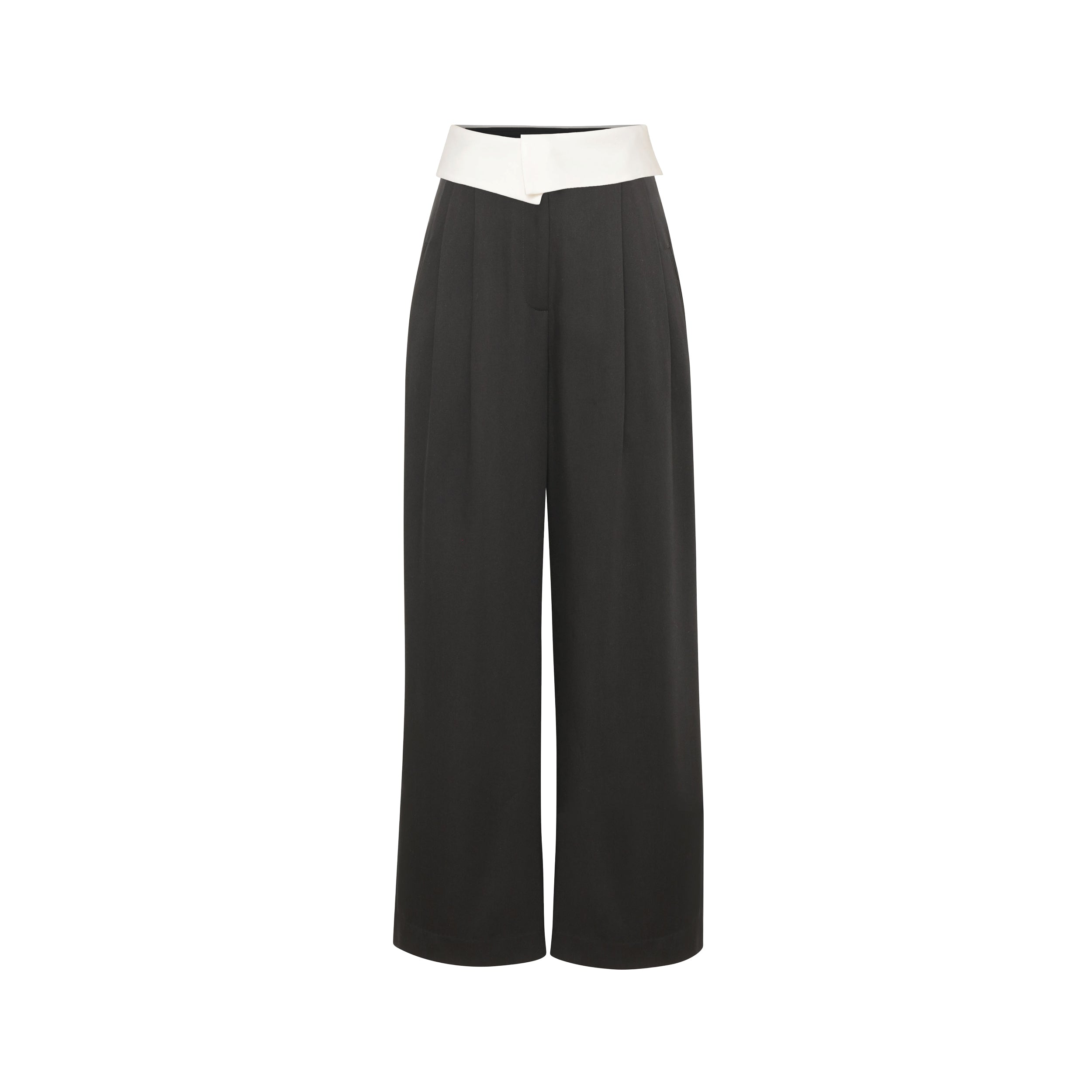 Product view of black trousers with white foldover waistband detail.