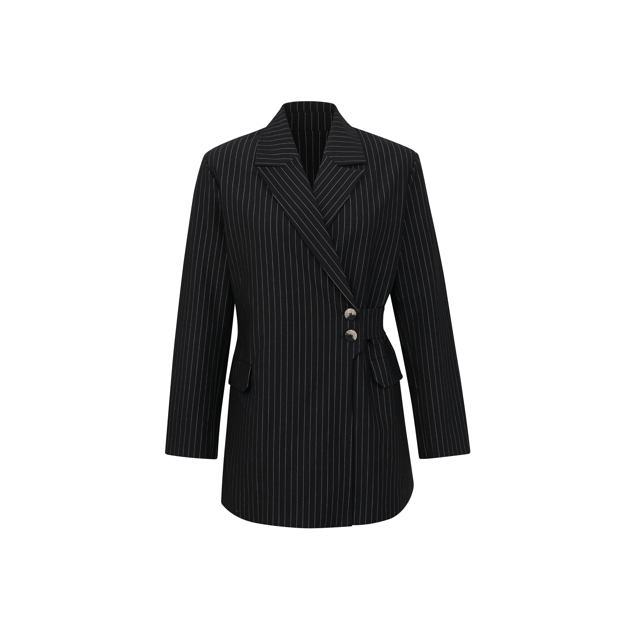 Product view of black pinstripe blazer, featuring peaked lapel, flap pockets, detachable belt with button closure, flap pockets and silky lining.