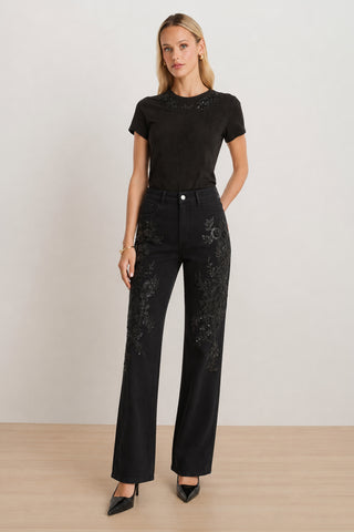 Stassi Floral Sequin Jean - Black styled view showing the tonal sequin floral detail