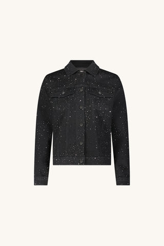 Sybil Crystal Denim Jacket in Black, flat lay on a cream background