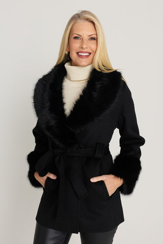 Isabel Fur Trim Coat - Black