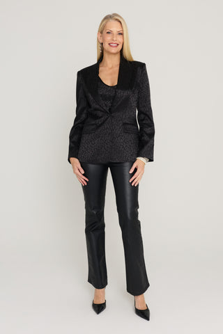 Yara Silk Camisole in Black Leopard layered under the Cheryl Single Breasted Silk Blazer in Black Leopard with black coated flare jeans, full look, The Noli Shop