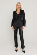 Yara Silk Camisole in Black Leopard layered under the Cheryl Single Breasted Silk Blazer in Black Leopard with black coated flare jeans, full look, The Noli Shop