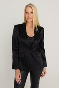 Cheryl Single Breasted Silk Blazer in Black Leopard worn by model, front view, black-on-black leopard jacquard blazer with peak lapel and one button, The Noli Shop
