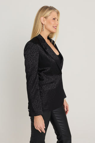 Cheryl Single Breasted Silk Blazer in Black Leopard, side view showing the tonal leopard jacquard, flap pocket and structured shoulder, The Noli Shop