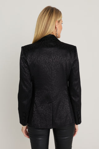 Cheryl Single Breasted Silk Blazer in Black Leopard, back view showing the clean tailored line and button cuffs, The Noli Shop
