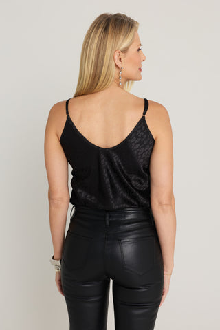 Yara Silk Camisole in Black Leopard, back view showing the low scooped back and thin adjustable straps, The Noli Shop