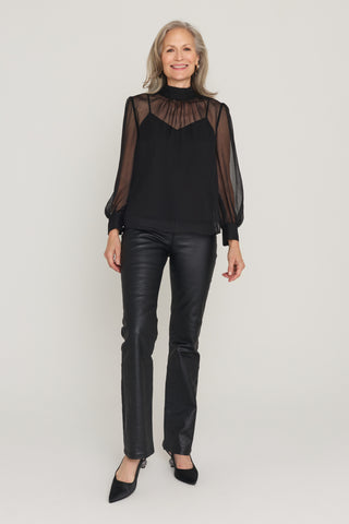Darcy Chiffon Blouse in Black, full look with the Aria Coated Flare Jean in Black and black pointed heels, The Noli Shop
