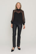 Darcy Chiffon Blouse in Black, full look with the Aria Coated Flare Jean in Black and black pointed heels, The Noli Shop