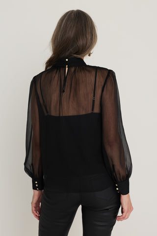 Darcy Chiffon Blouse in Black, back view showing the button keyhole at the neck and sheer chiffon over the camisole lining, The Noli Shop