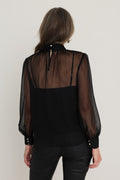 Darcy Chiffon Blouse in Black, back view showing the button keyhole at the neck and sheer chiffon over the camisole lining, The Noli Shop