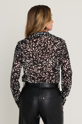 Ana Chiffon Blouse in Black and White Leopard, additional view, The Noli Shop