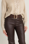 Josie Belt in Espresso styled with a cream cable knit sweater and espresso coated flare jeans, three-quarter view, The Noli Shop
