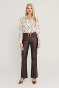 Ana Crepe Blouse in Lynx, full look tucked into the Aria Coated Flare Jean in Espresso with the Bianca Belt in Espresso and bronze heels, The Noli Shop