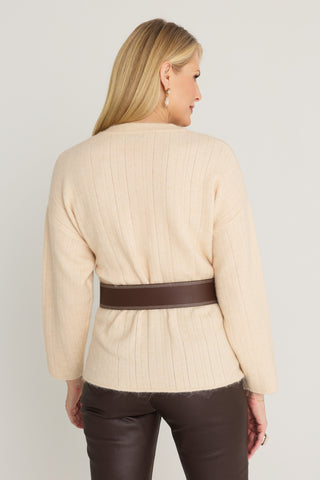 Ingrid Sweater in Latte back view, relaxed wide-rib crewneck sweater worn belted at the waist