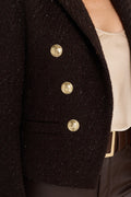 Gabrielle Double Breasted Tweed Blazer in Espresso Multi, close-up of the espresso tweed texture, metallic thread and gold crest buttons, The Noli Shop