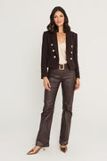 Gabrielle Double Breasted Tweed Blazer in Espresso Multi, full look with the Yara Silk Camisole in Champagne, the Aria Coated Flare Jean in Espresso and the Bianca Belt in Espresso, The Noli Shop