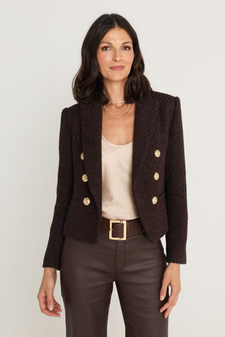 Gabrielle Double Breasted Tweed Blazer in Espresso Multi worn by model, front view, deep espresso tweed with gold crest buttons over a champagne silk camisole and espresso coated flare jeans, The Noli Shop