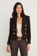 Gabrielle Double Breasted Tweed Blazer in Espresso Multi worn by model, front view, deep espresso tweed with gold crest buttons over a champagne silk camisole and espresso coated flare jeans, The Noli Shop