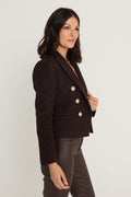 Gabrielle Double Breasted Tweed Blazer in Espresso Multi, side view showing the structured shoulder and cropped length, The Noli Shop