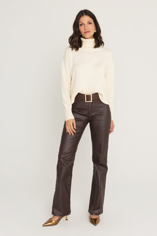 Gia Sweater in Pearl full-length look, ivory turtleneck sweater with the Aria Coated Flare in Espresso and bronze heels