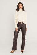 Gia Sweater in Pearl full-length look, ivory turtleneck sweater with the Aria Coated Flare in Espresso and bronze heels
