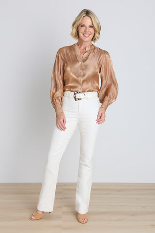 Colette Blouse - Champagne styled view showing the luminous satin finish