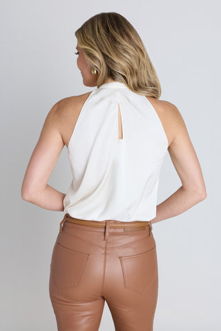 Back view of the Rina Tie Neck Blouse - Pearl/Mocha showing the fitted silhouette