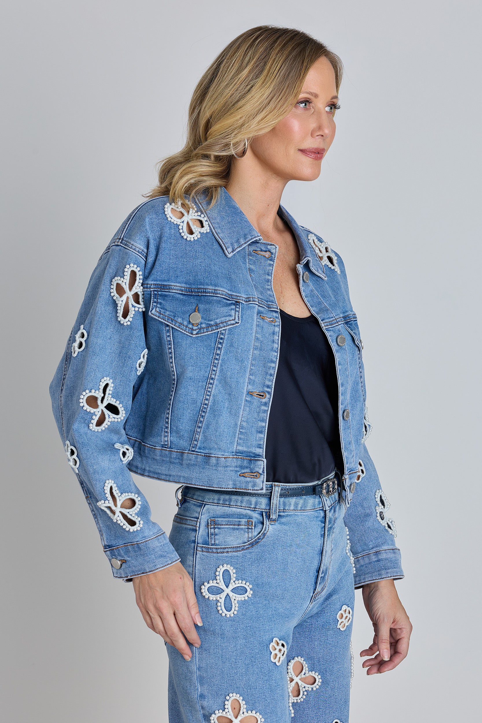 Kaia Pearl Jean Jacket - Medium Blue | The Noli Shop