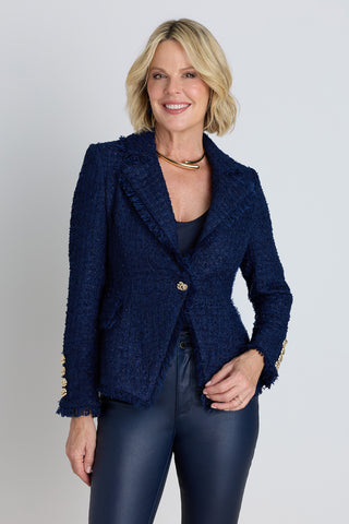 Giselle Single Breasted Tweed Blazer - Navy