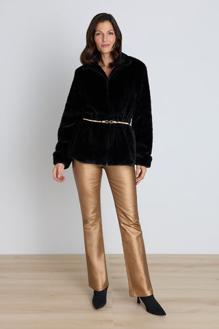 Antonia Belted Fur Jacket - Black styled view showing the belted waist and long sleeves
