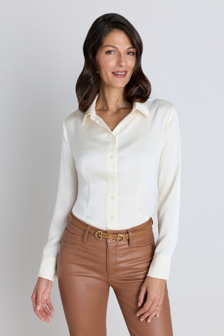 The Paulina Silk Blouse in pearl, a tailored silk button-up with a classic collar