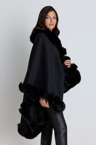 Close-up detail of faux fur trim on the Ophelia cape in black