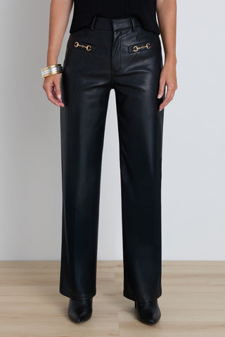 Iman Leather Horsebit Pant in Black, vegan leather straight leg pant with horsebit hardware, front view, The Noli Shop