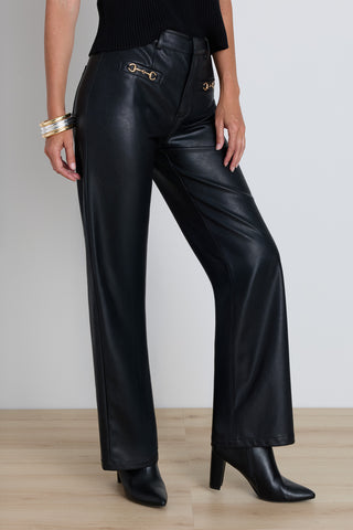 Iman Leather Horsebit Pant in Black, side view showing high-rise fit and clean straight leg, The Noli Shop