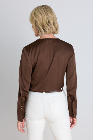 Frances Silk Bodysuit in Java on model, detail view