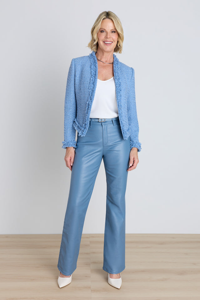Florence Tweed Jacket - Coastal Blue styled view showing the open front and fringe edges