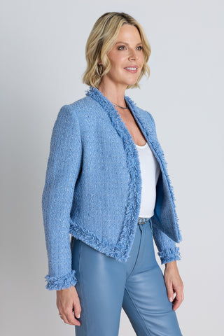 The Florence Tweed Jacket in coastal blue shown in a styled outfit view