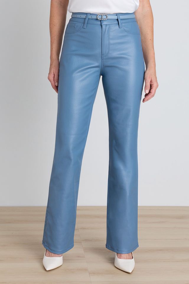The Aria Coated Flare Jean in coastal blue, high-rise coated denim with a slim bootcut flare