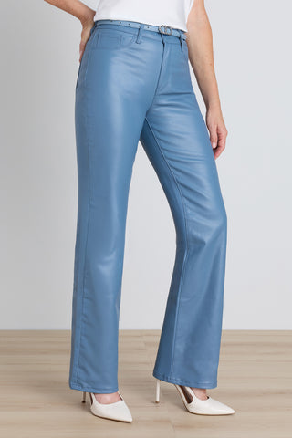 Detail of the Aria Coated Flare Jean in coastal blue showing the coated texture