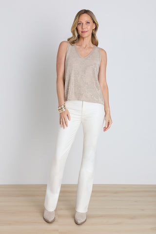 Brielle Crystal Tank - Beige styled view showing the subtle sparkle and flared hem