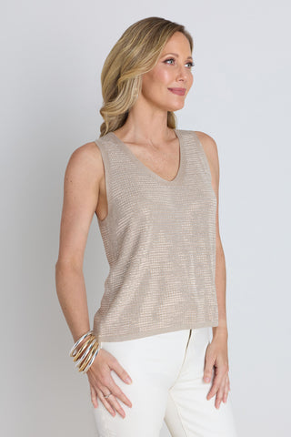 Detail of the Brielle Crystal Tank in beige showing the crystal-flecked knit