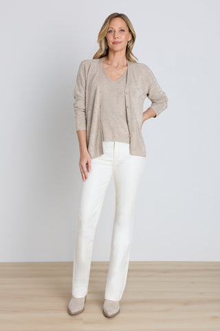 Carrie Crystal Cardigan - Beige styled view showing the subtle sparkle in the knit