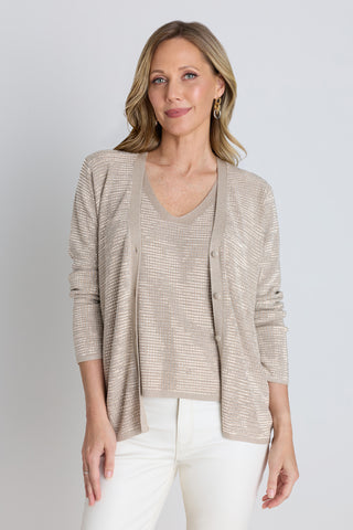 The Carrie Crystal Cardigan in beige, a V-neck button cardigan in crystal-infused shimmer knit